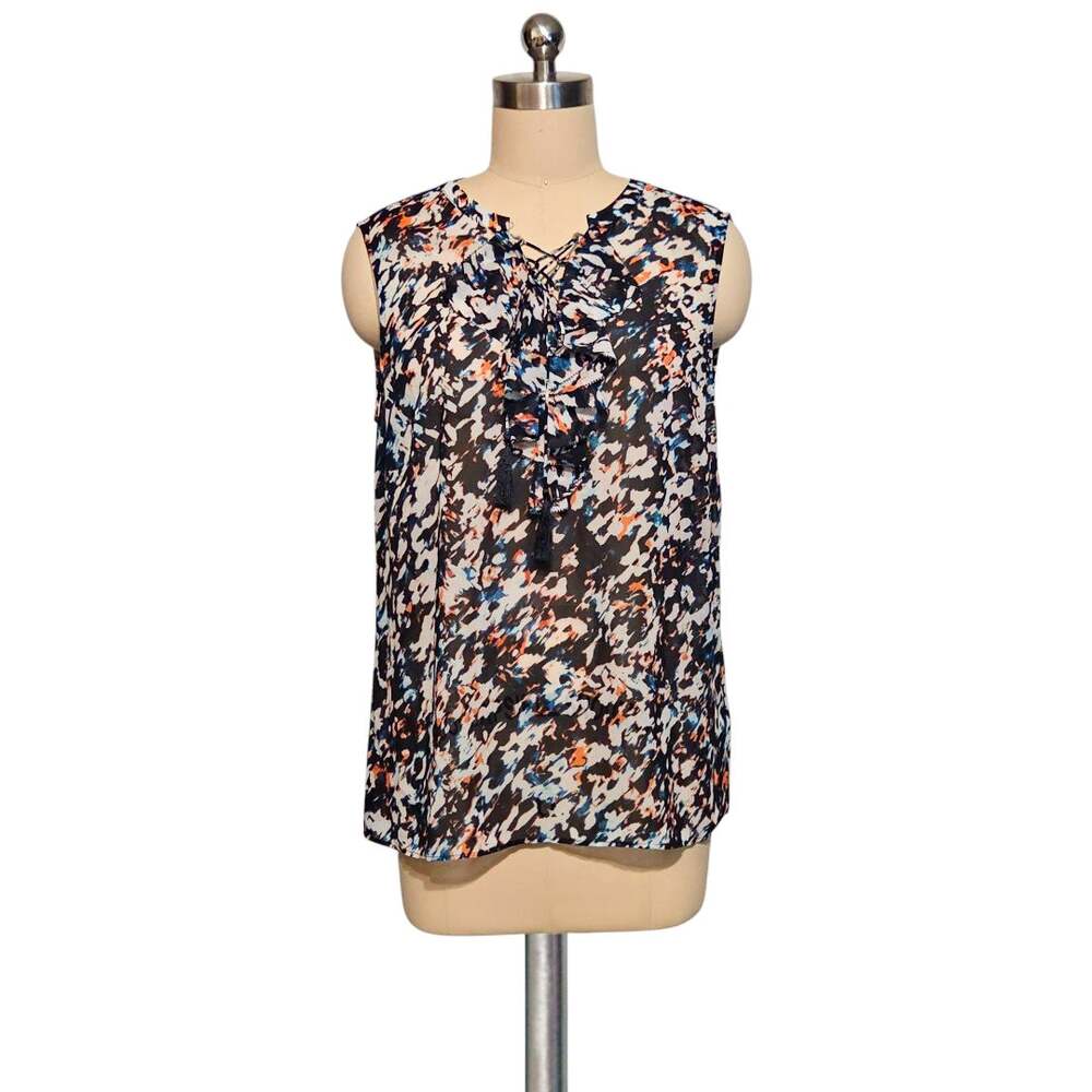 NEW Laundry Shelli Segal Printed Semi Sheer Ruffle Tie Up Tassel Blouse Top 8